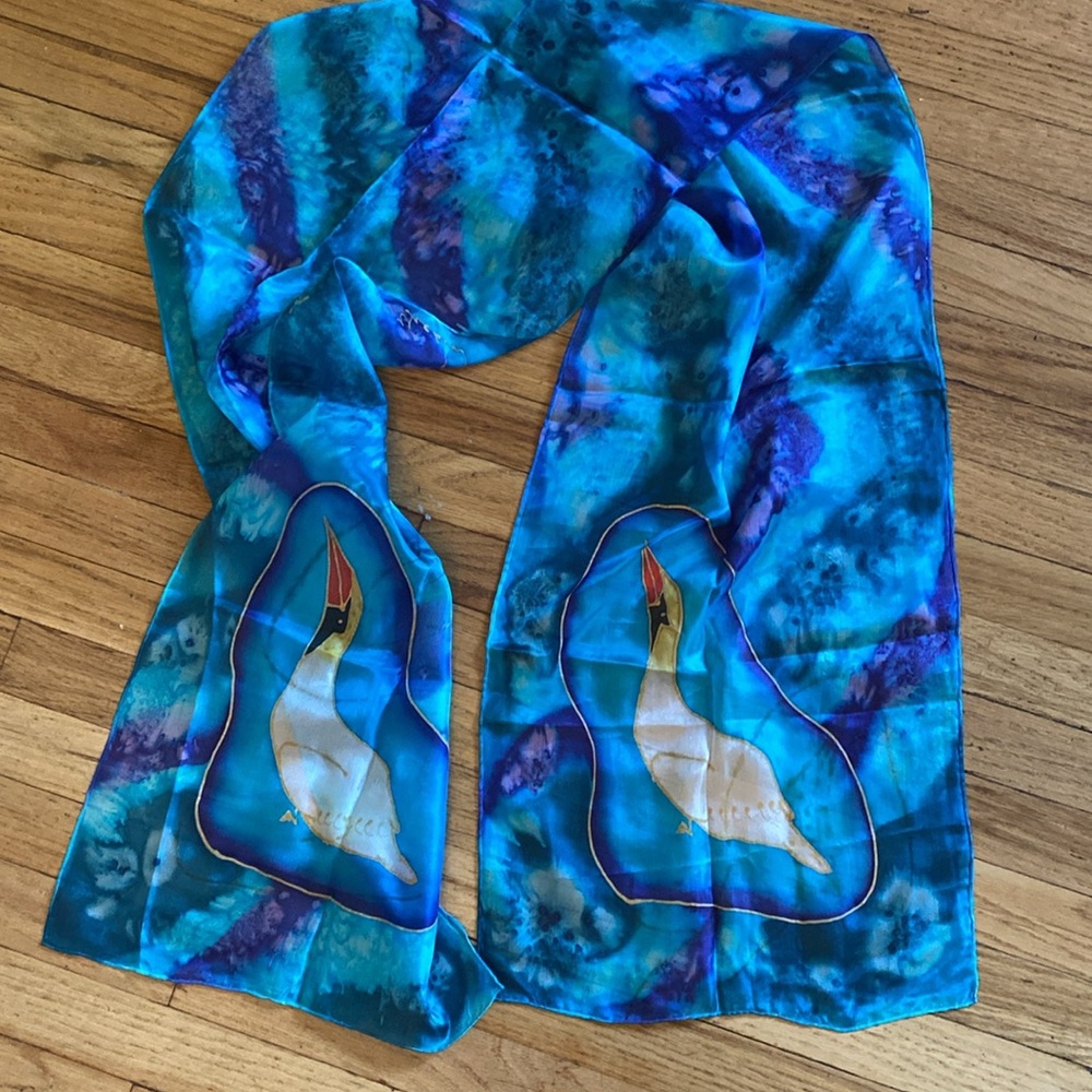 One of a Kind Artisan Silk Scarf with Bird Design